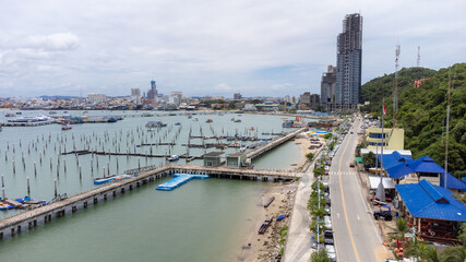 Beautiful Aerial view of the Bali Hai Pier. Famous place for the main pier to travel to Koh Larn from Pattaya city, Thailand and relax in holiday.
