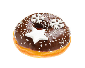 Tasty Christmas donut on white background