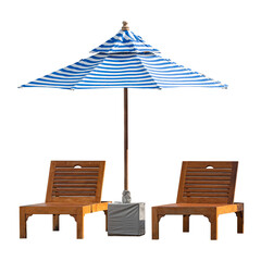 Isolated two wooden chairs or beach chair or sun bed with big umbrella on white background, front...