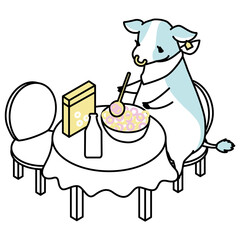 シリアルに牛乳をかけて食べる牛のアイソメイラスト