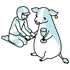 優雅にマッサージをうける牛のアイソメイラスト