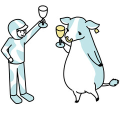 グラスで乾杯する牛と人間のアイソメイラスト