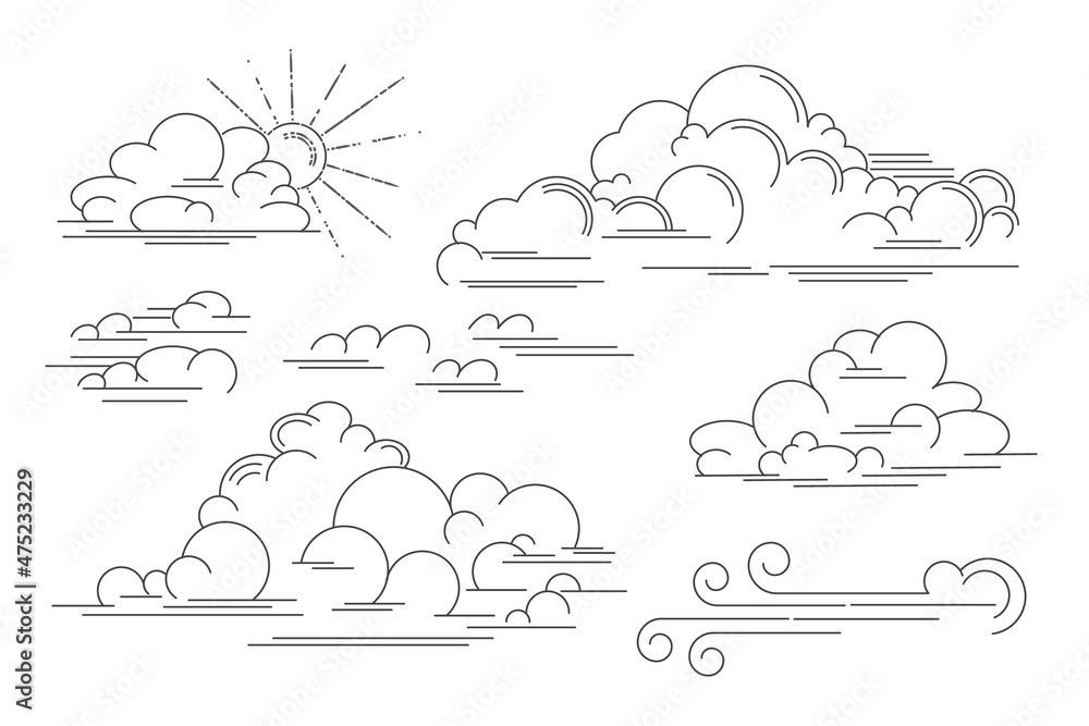 Wall mural vector linear clouds. set of isolated contour images of clouds, wind and storm eddy. outline vector 