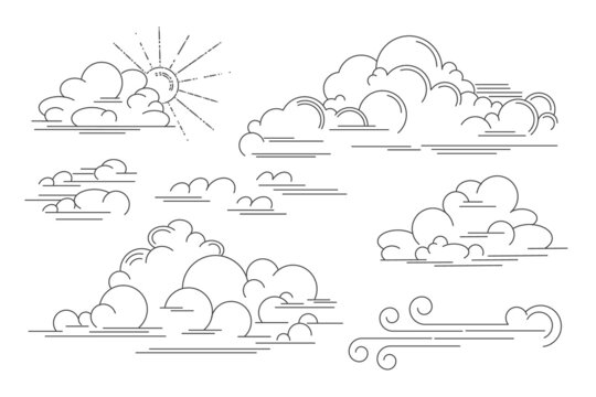 Vector linear clouds. Set of isolated contour images of clouds, wind and storm eddy. Outline vector illustration