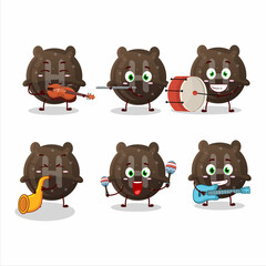 Cartoon character of chocolate gummy candy H playing some musical instruments
