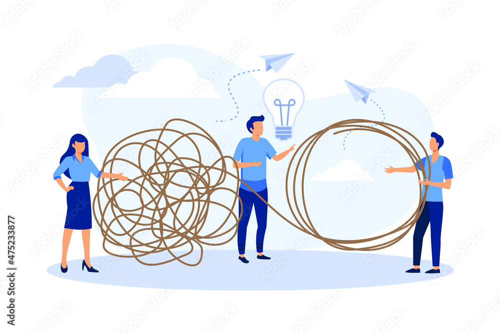 Poster tangle tangled and unraveled. abstract metaphor, business problem solving concept, flat design moder