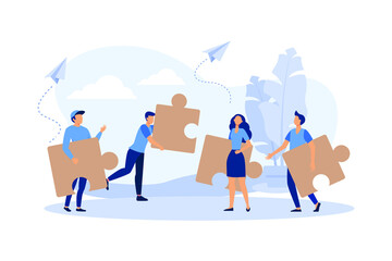 Team metaphor. people connecting puzzle elements. Vector illustration flat design style. Symbol of teamwork, cooperation, partnership vector, flat design modern illustration 