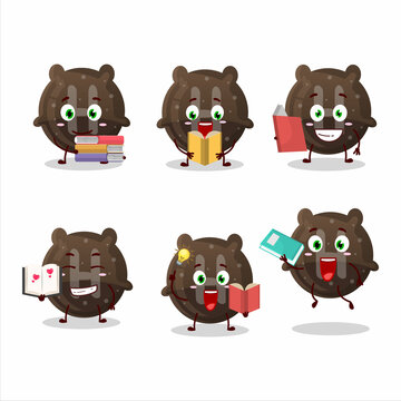 A picture of chocolate gummy candy H cartoon character concept reading an amusing book