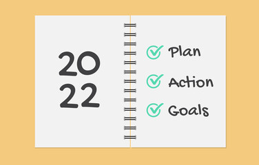 Notebook with the words goals 2022. plan, Action. Checklist of new year goals 2022. Vector illustration.