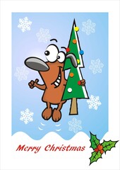 Christmas card, jumping dog and tree, funny illustration, vector design