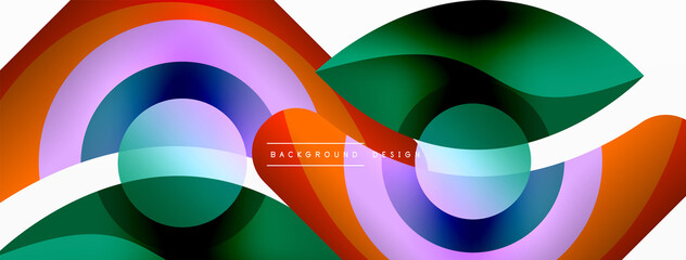 Fototapeta premium Abstract background with color geometric shapes. Beautiful minimal backdrop with round shapes circles and lines. Geometrical design. Vector illustration