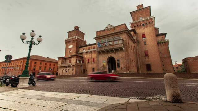 FERRARA, ITALY - Jul 30, 2020: FERRARA, ITALY 30 JULY 2020: Time lapse of Evocative view of the castle of Ferrara