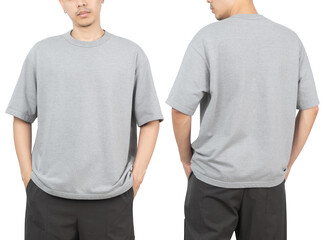 Young man in grey oversize t-shirt mockup front and back used as design template, isolated on white...
