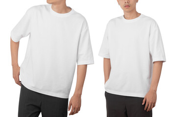 Young man in blank oversize t-shirt mockup front and back used as design template, isolated on...
