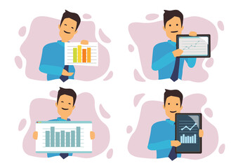 Set of Businessman using papers and tablets with financial charts.