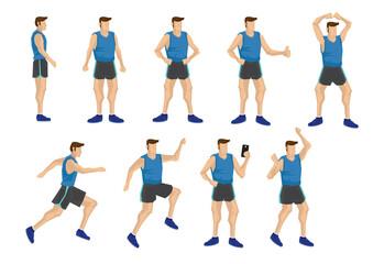 Set of men in exercising outfit in different poses. Isolated vector illustration.