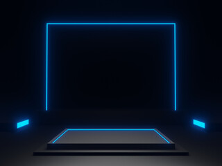 3D black scientific stage podium with blue neon light. Dark background.