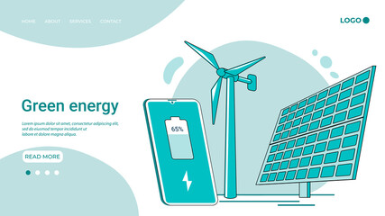 Green energy.The concept of generating energy using the sun and wind..An illustration in the style of a landing page in green.