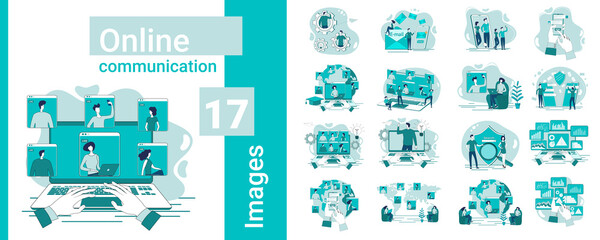 Online communication.A set of illustrations in business style.A collection of images on the topic of business relations and technology.Flat vector illustration.
