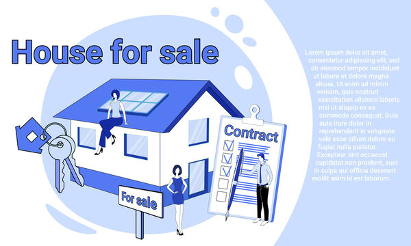 Realtor work.People are engaged in the valuation and sale of real estate.Illustration in the style of landing page in blue.