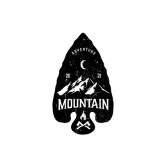 Mountains and forest black vector badge, label, emblem or logo isolated on white background with removable grunge texture