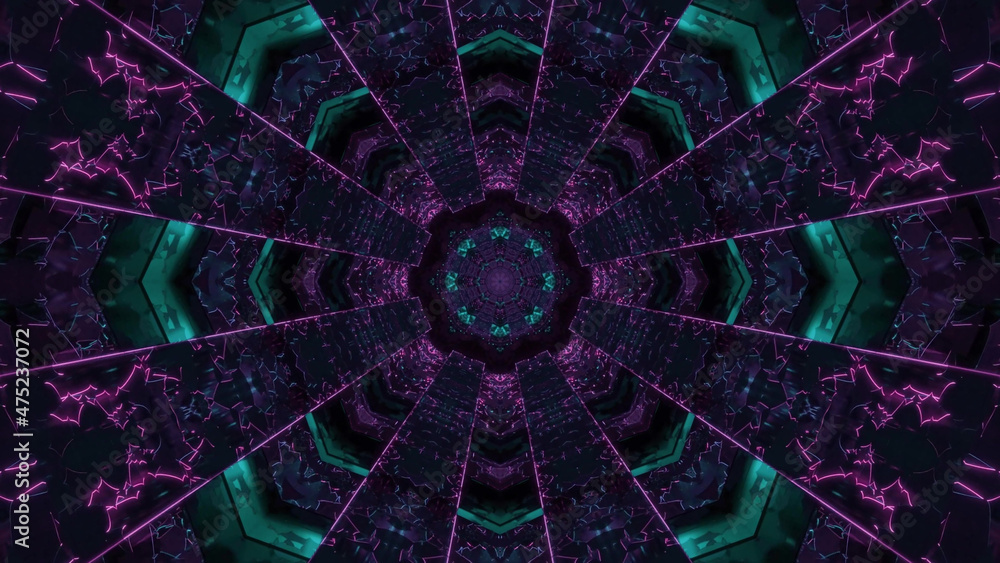 Aufkleber 3d rendering of futuristic kaleidoscopic patterns background in dark purple and green colors