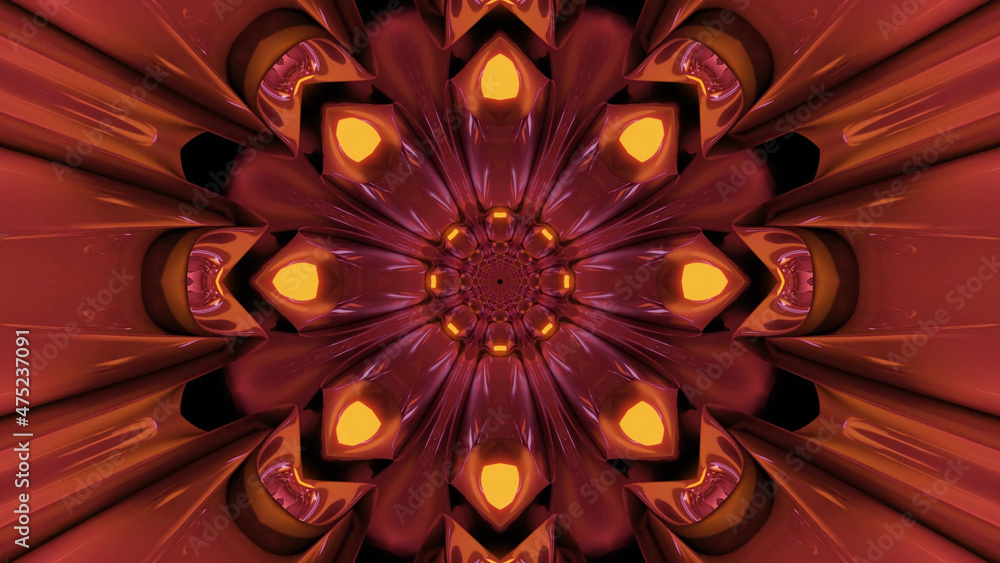 Poster 3D rendering of futuristic kaleidoscopic patterns background in dark crimson and yellow colors