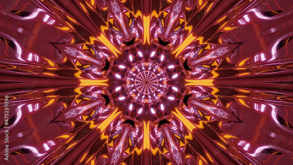 Poster 3D rendering of futuristic kaleidoscopic patterns background in dark crimson and yellow colors