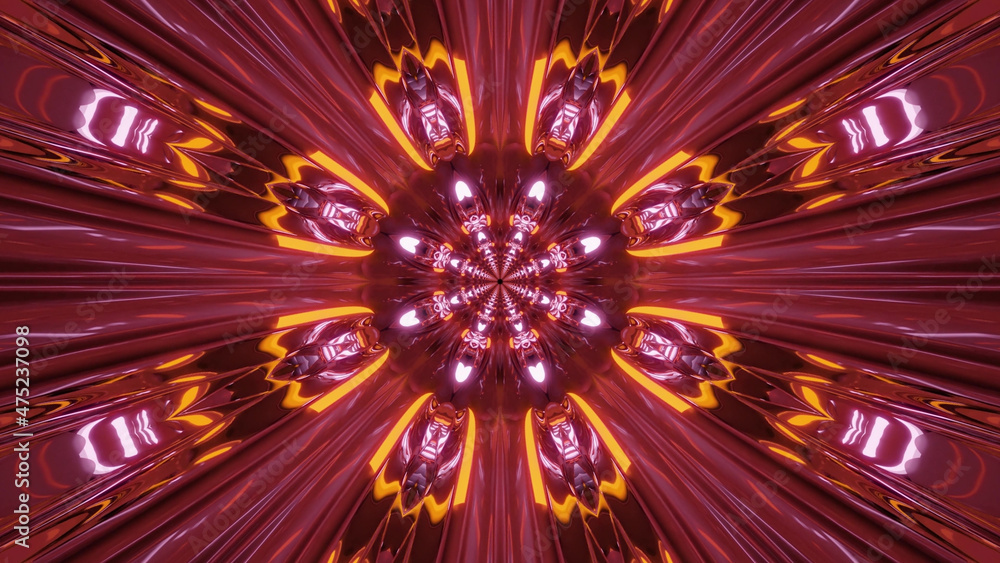 Poster 3D rendering of futuristic kaleidoscopic patterns background in dark crimson and yellow colors