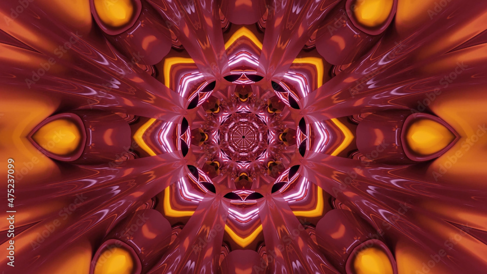 Poster 3d rendering of futuristic kaleidoscopic patterns background in dark crimson and yellow colors
