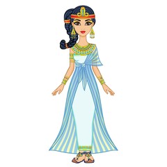 Animation Egyptian princess in ancient clothes and gold jewelry. Hair locon of youth. Queen, goddess, princess. Full growth. Vector illustration isolated on a white background.