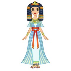 Animation Egyptian princess in ancient clothes and wig, gold jewelry. Queen, goddess, princess. Full growth. Vector illustration isolated on a white background.