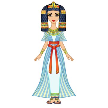 Animation Egyptian Princess In Ancient Clothes And Wig, Gold Jewelry. Queen, Goddess, Princess. Full Growth. Vector Illustration Isolated On A White Background.