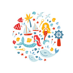 Round frame vector, Cartoon hand drawn decorative ocean background, doodle illustration marine life texture, ocean design travel fantasy circle backdrop with animal for play kids, nautical sign