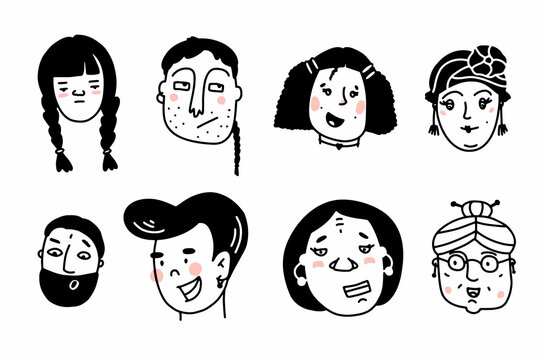 Doodle cute faces set. Hand-drawn outline people isolated on white background. Human Avatar Collection. Cartoon young, old different expressions of women, men. Children's portrait. Vector illustration