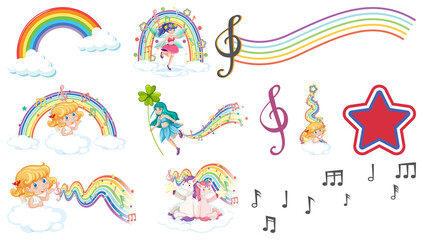 Set of fantasy fairies and cupids with rainbow elements