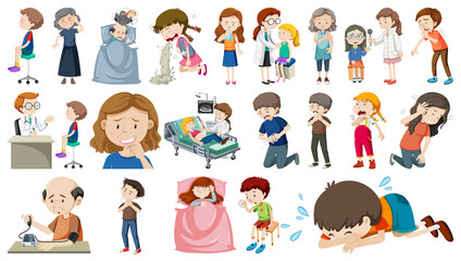 Set of sick people with different symptoms