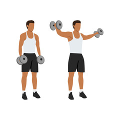 Obraz premium Man doing Lateral side shoulder dumbbell raises. Power partials exercise. Flat vector illustration isolated on white background
