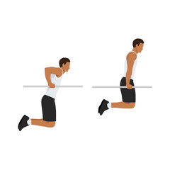 Man doing bar Dips exercise. Flat vector illustration isolated on white background