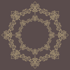 Oriental round pattern with golden arabesques and floral elements. Traditional classic ornament. Vintage pattern with arabesques