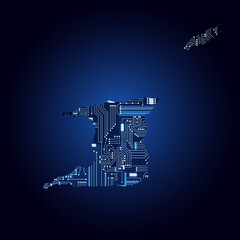 Contour map of Trinidad and Tobago with a technological electronics circuit.