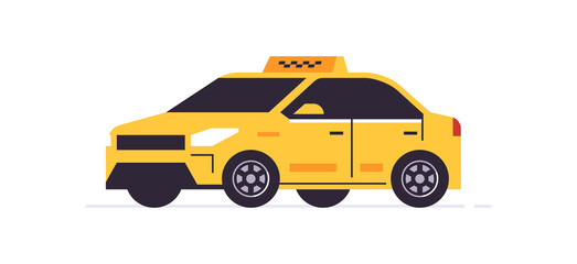 Yellow car of online taxi ordering service. Yellow car rear view. Urban cab service. Checkers on the roof. Vector illustration isolated on background.