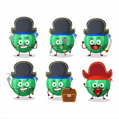 Cartoon character of green gummy candy F with various pirates emoticons