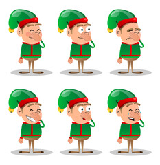 Christmas Elf holding his nose because of a bad smell. Vector cartoon character illustration of Santa Claus's little worker, helper.