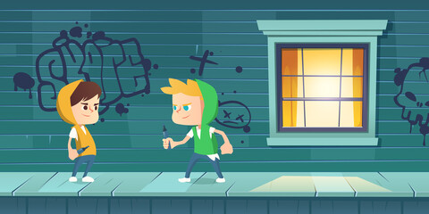 Boys paint graffiti on house. Teenagers with markers drawing street art. Concept of youth rebel culture, vandalism. Vector cartoon illustration of kids painting on green wall
