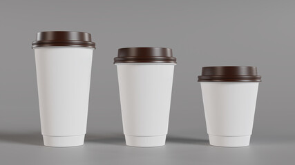 Unbranded paper coffee glasses of three sizes.  3D rendering illustration. 