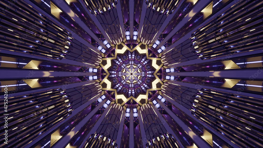 Poster 3d rendering of futuristic kaleidoscopic patterns background in vibrant purple and brown colors