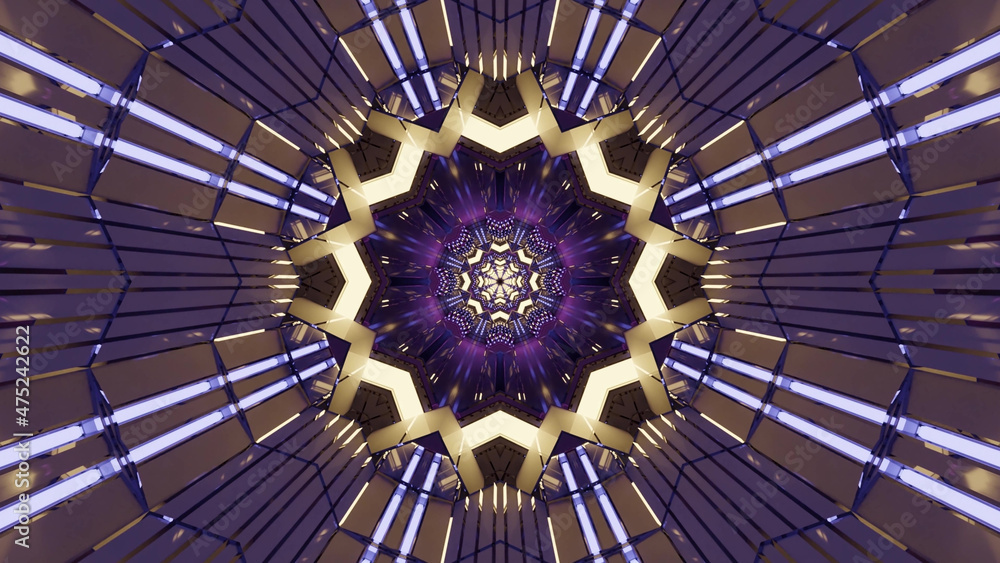 Poster 3d rendering of futuristic kaleidoscopic patterns background in vibrant purple and brown colors