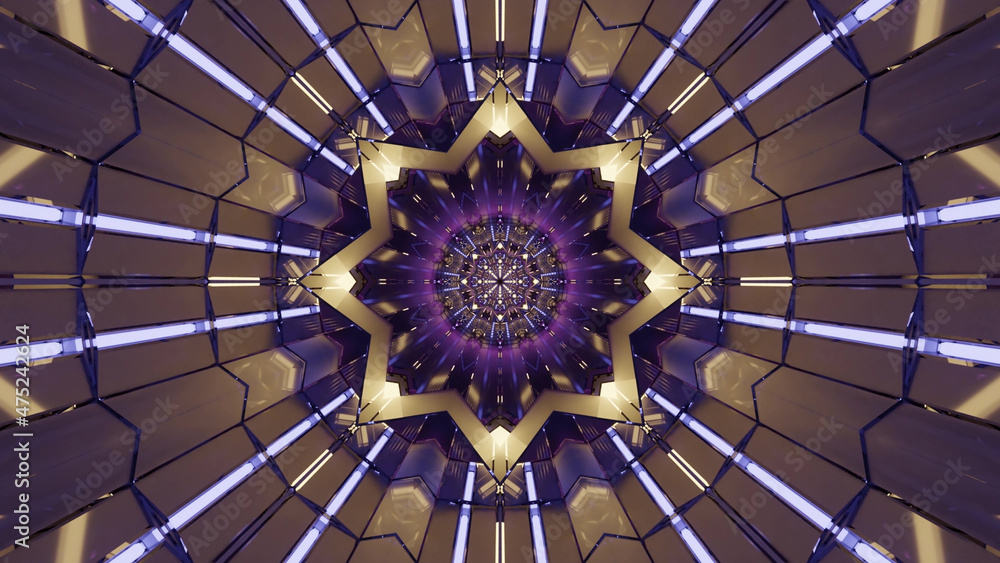 Poster 3d rendering of futuristic kaleidoscopic patterns background in vibrant purple and brown colors