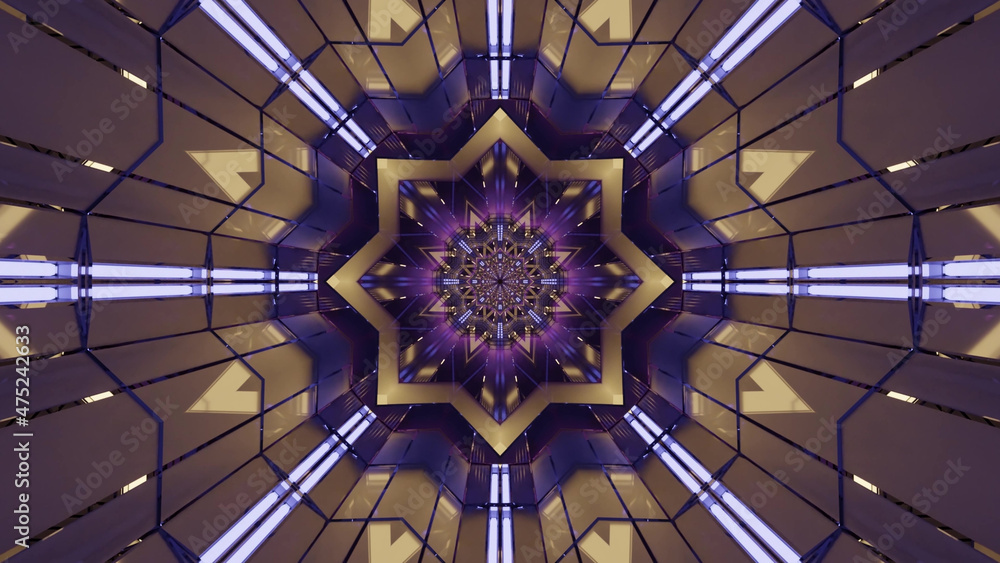 Poster 3d rendering of futuristic kaleidoscopic patterns background in vibrant purple and brown colors